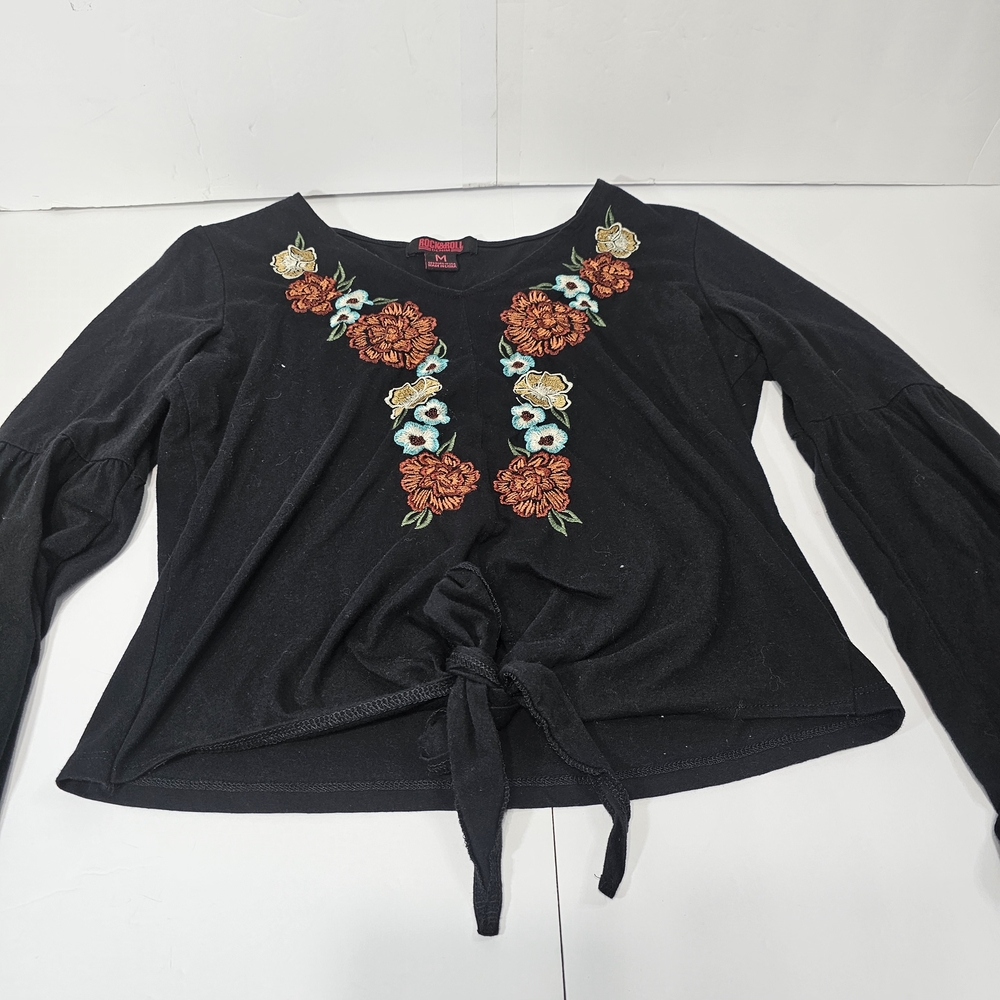 Rock & Roll Denim Chic Black Blouse with Bohemian Embroidered Floral Size M - Picture 14 of 15